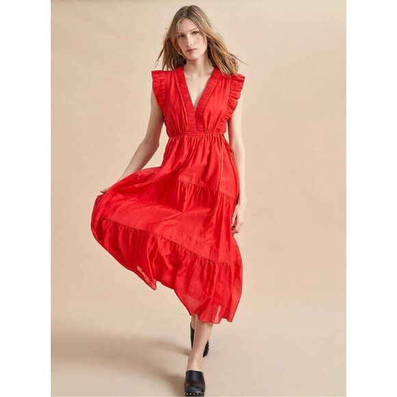 La Ligne Women's Red Marta Ruched Tiered Cotton Midi Dress Large NWOT - Picture 2 of 10